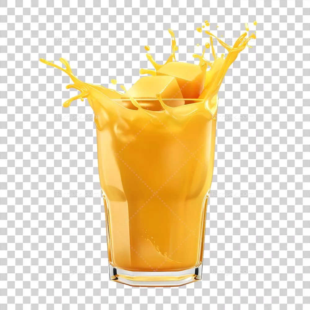 عکس دوربری آبمیوه پرتقالی خنک و شفاف در لیوان با یخهای مکعبی بر روی پسزمینه شفاف