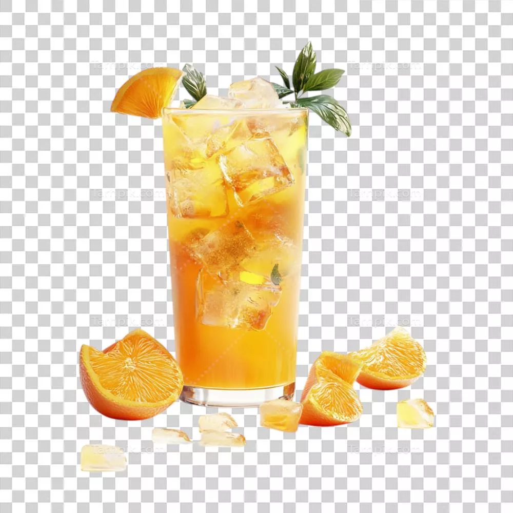 عکس دوربری آبگوشت پرتقال با یخ و پرتقالهای بر روی پسزمینه شفاف