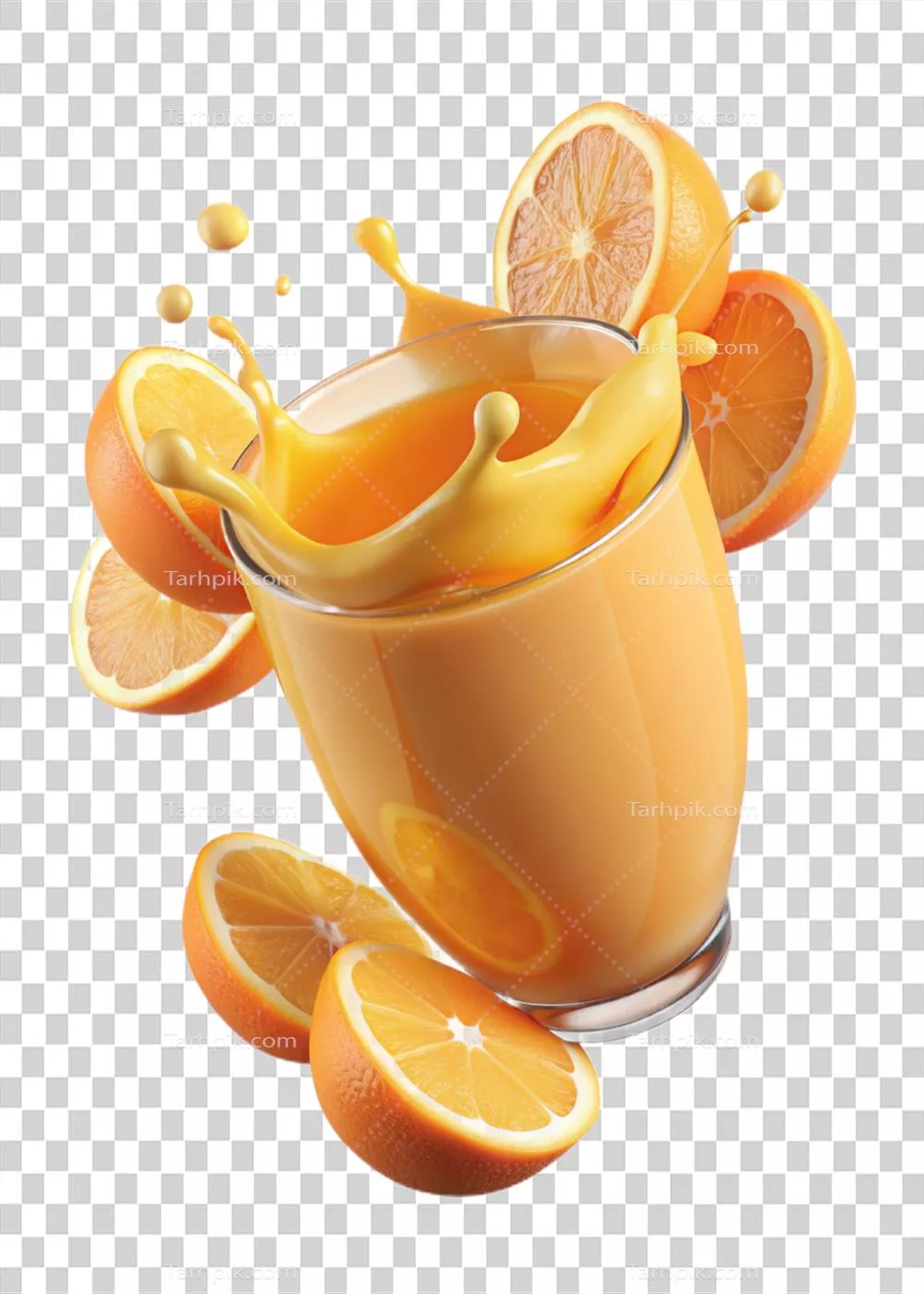 عکس دوربری تصویر گرافیکی سه بعدی آبپرتقال در حال پاشیده شدن و ریختن