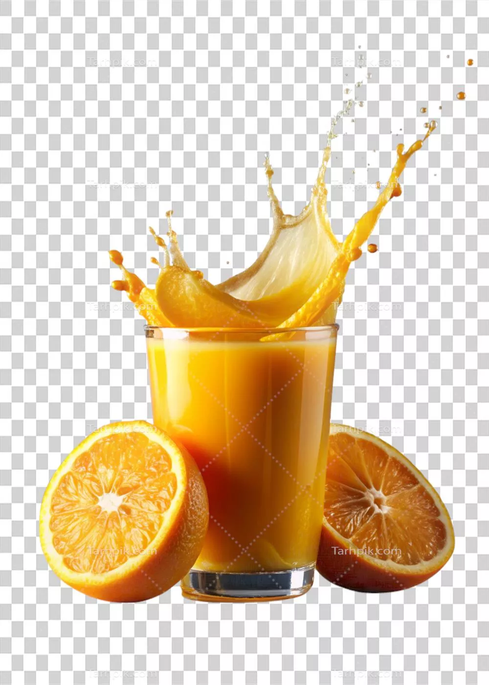 عکس دوربری عصاره پرتقال واقعی و شفاف در حال پاشیدن - تجربه ای خوشمزه