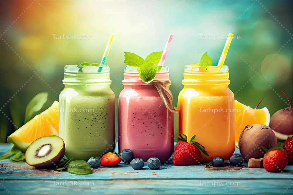 عکس تصویرسازی هوش مصنوعی از اسموتیها و آبمیوههای تهیه شده از میوههای تازه گرمسیری و تغذیه سالم