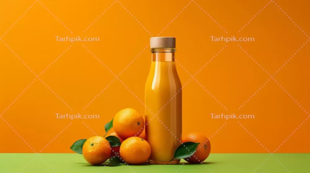 عکس آب‌میوه‌ی تازه پرتقال در بطری بر روی پس‌زمینه نارنجی ایزوله شده است