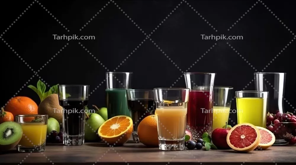 عکس چشمانداز زیبای لیوانهای مختلف آبمیوه و میوههای تازه بر روی میز با پسزمینه سیاه