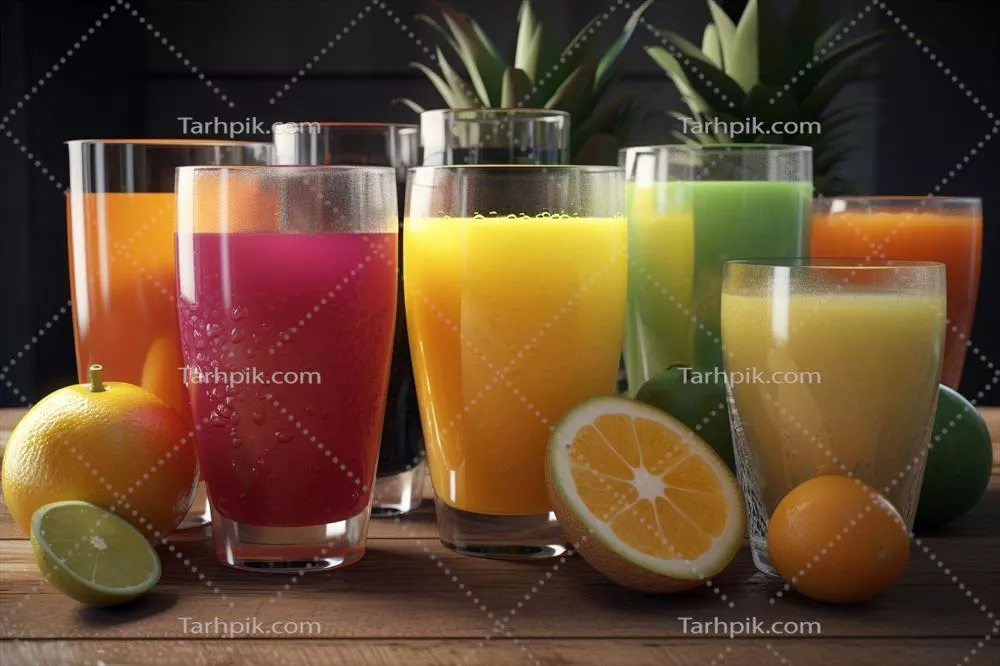 عکس گروهی از لیوانها پر از آبمیوههای مختلف به کمک هوش مصنوعی تولید شدهاند