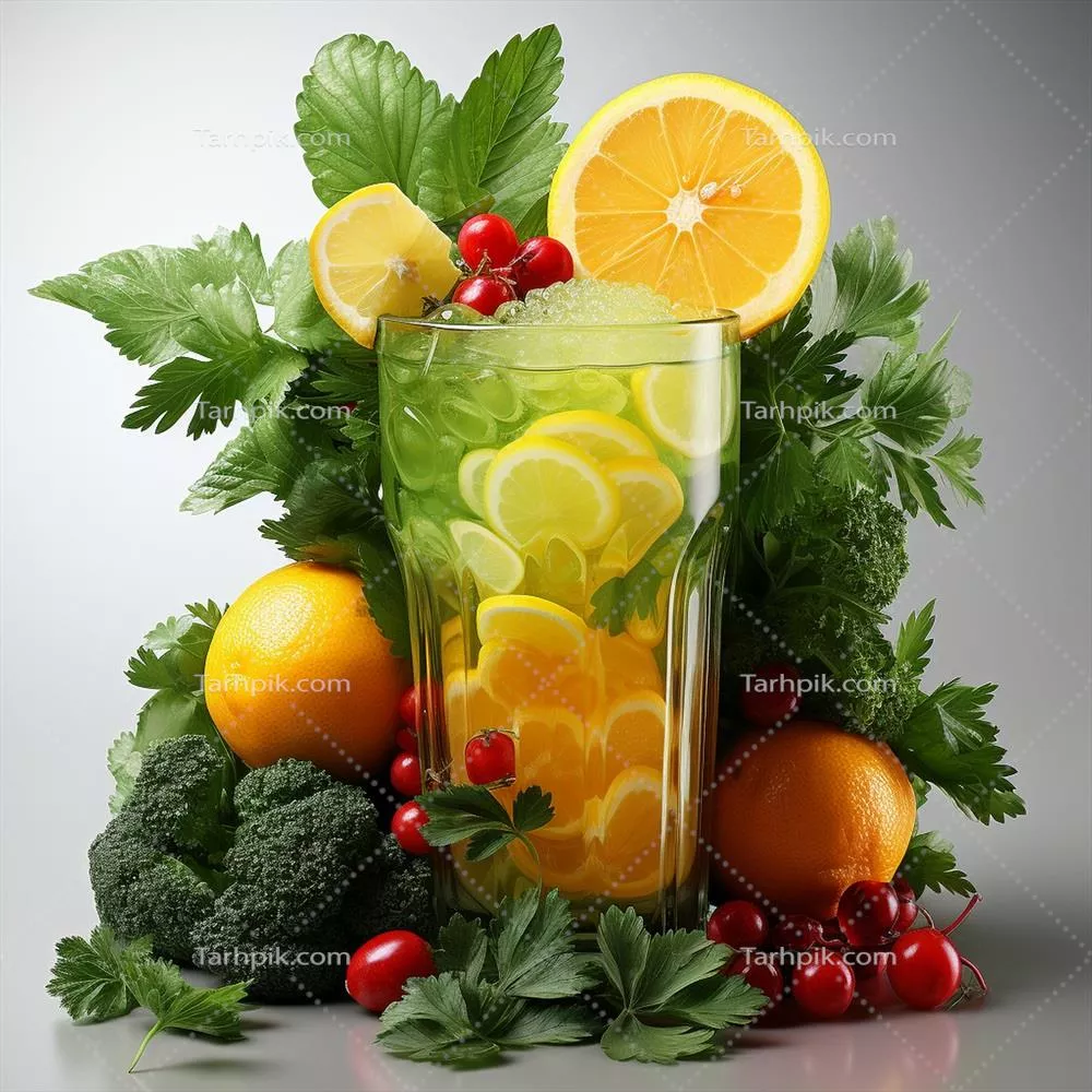 عکس آبمیوه تازه؛ ریختن آب از میوهها و سبزیجات به داخل لیوان روی پسزمینه سفید