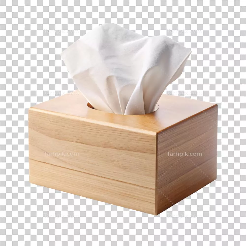 عکس دوربری جعبه دستمال کاغذی چوبی با رنگ روشن و حکاکی نرم و زیبا