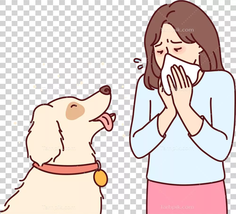 عکس دوربری دختر کوچکی با سگ که از آلرژی یا رینیت رنج می‌برد و بینی‌اش را در دستمال کاغذی تمیز می‌کند