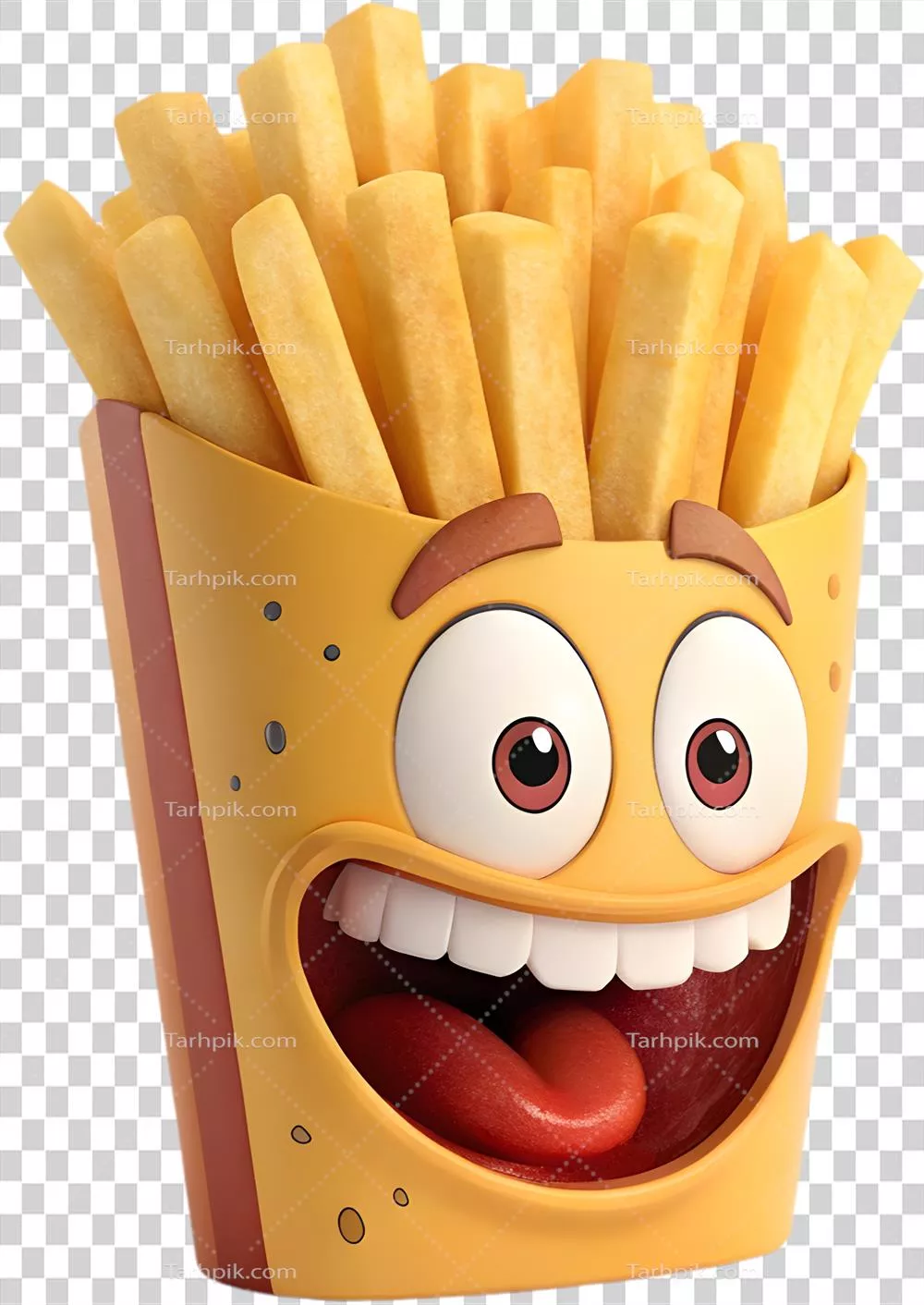 عکس دوربری شخصیت سیب زمینی سرخکرده شاد با چهرهای بزرگنماییشده و جذاب