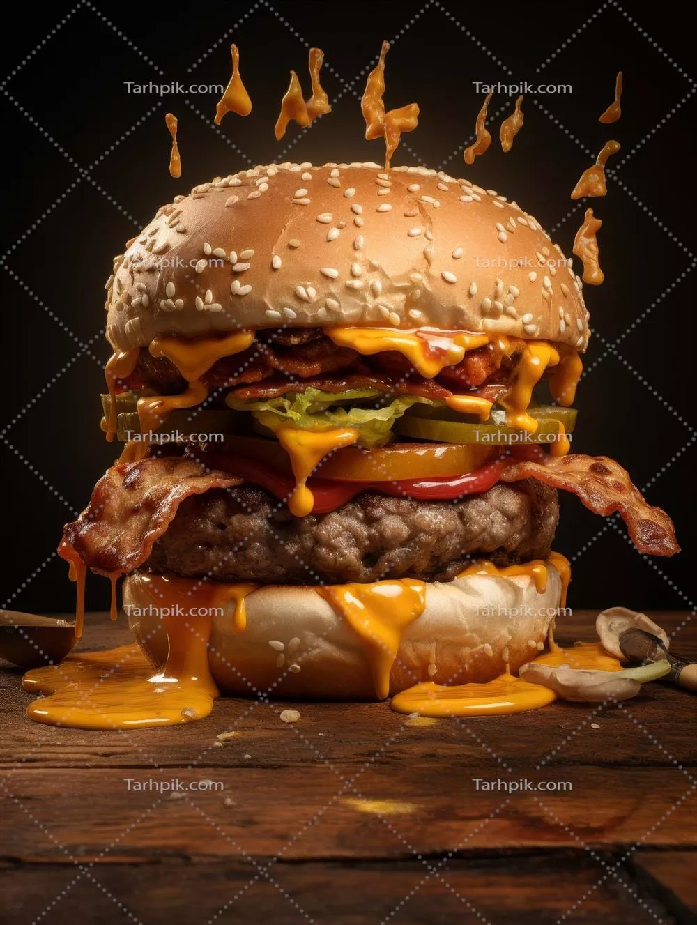 عکس برگر لذیذ با بیکن و پنیر ذوب شده - تجربه‌ای خوشمزه و بی‌نظیر