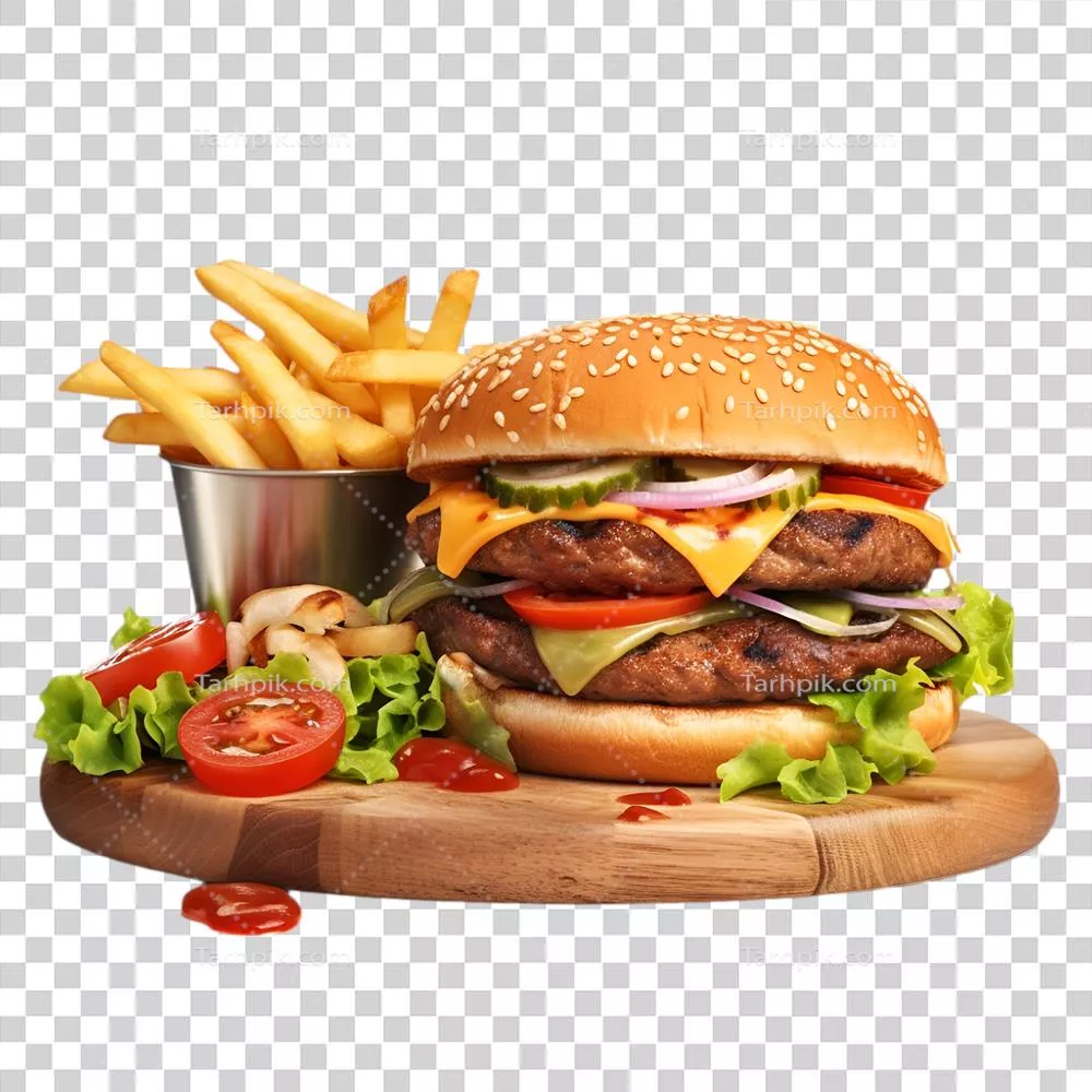 عکس دوربری برگر آبدار با سیب‌زمینی سرخ شده طلایی و کنارپز خوشمزه