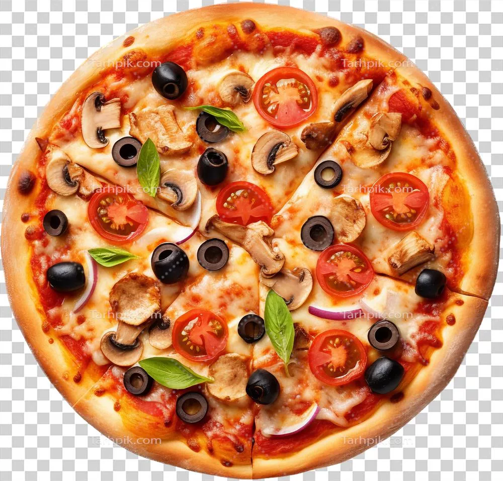 عکس دوربری نمای بالایی از یک پیتزا، خوشمزه و جذاب با تنوع مواد اولیه