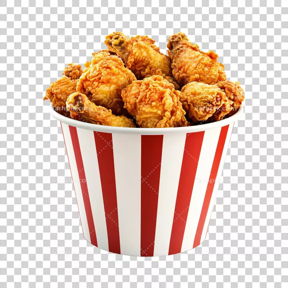 عکس دوربری سطل تکه های مرغ سرخ شده ترد با بسته بندی قرمز و سفید