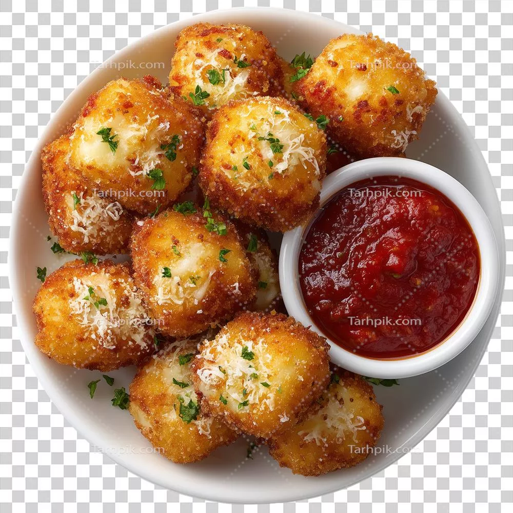 عکس دوربری جعبه های غذای خوشمزه توپک های پنیر موزارلا سرخ شده با سس مارینارا