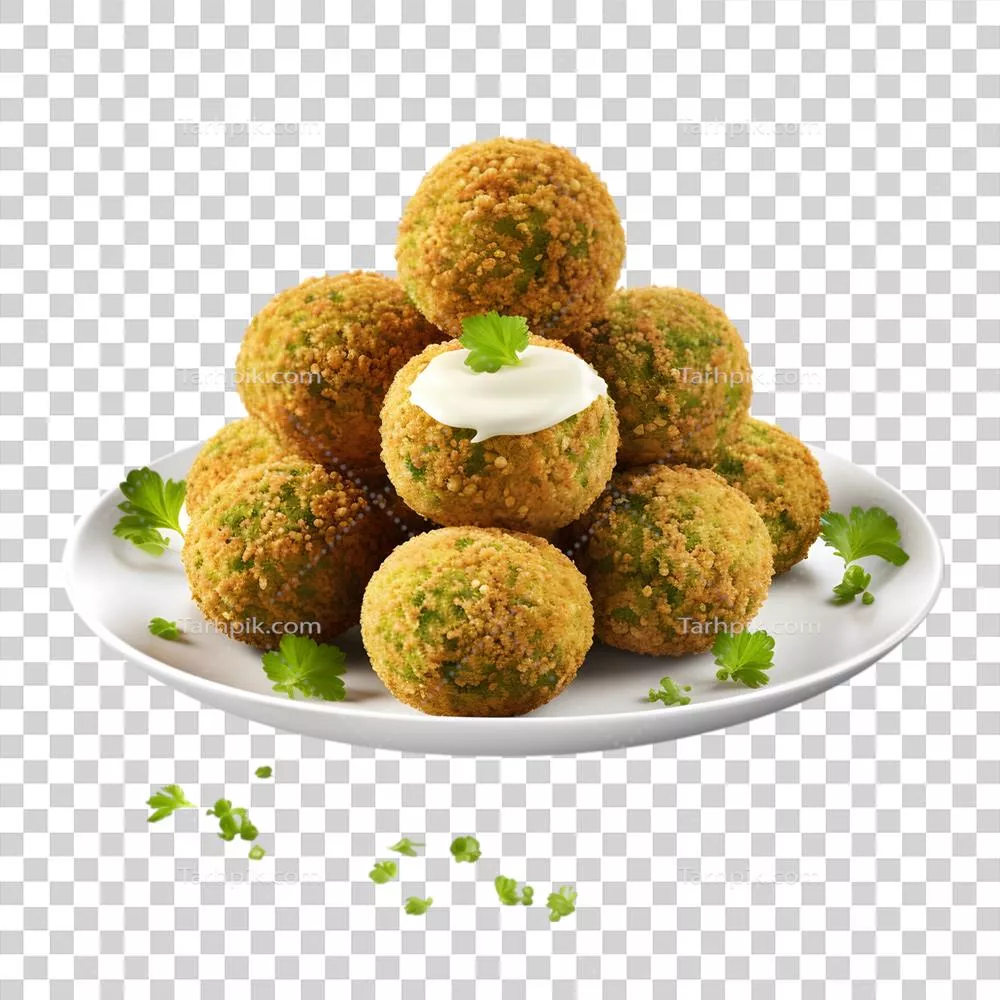 عکس دوربری کاسهای از توپکهای فلافل تولید شده با هوش مصنوعی و جعفری روی پسزمینه شفاف