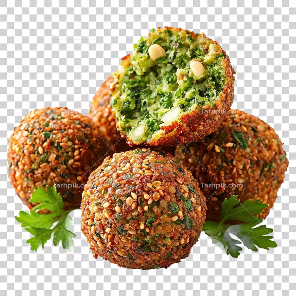 عکس دوربری کوفته فلافل تولید شده توسط هوش مصنوعی با جعفری و ادویه‌های خوشمزه در پس‌زمینه شفاف