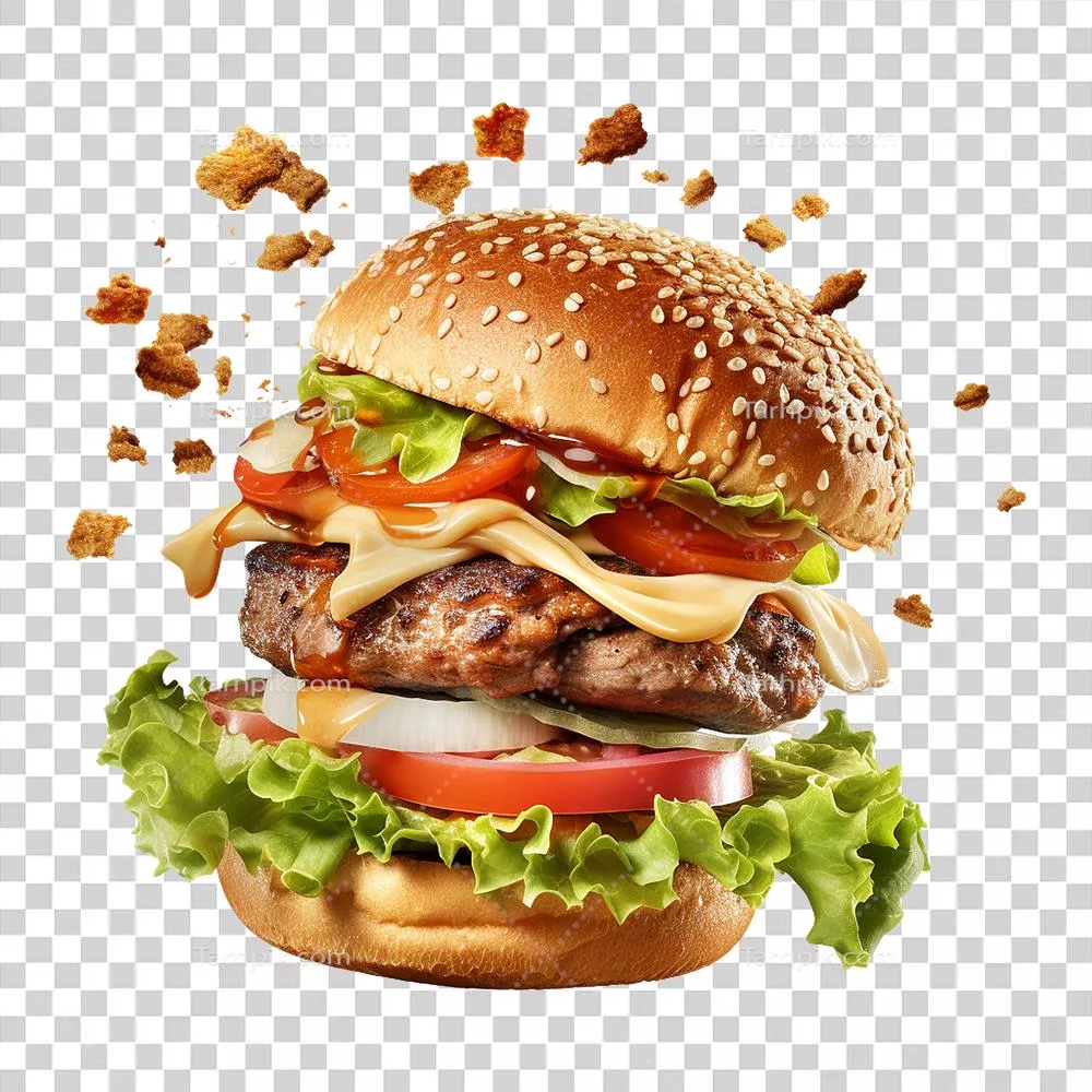 عکس دوربری برگر خانگی ساخته شده با هوش مصنوعی در حال پرواز بر روی پس‌زمینه شفاف