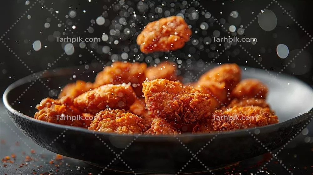 عکس قطعات ترد و سرخ شده مرغ در کاسهای مشکی با تزیینات برنجی