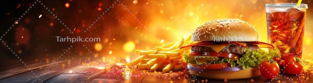 عکس غذای خوشمزه برگر با سیب‌زمینی سرخ‌کرده و نوشیدنی بر روی یک میز آتشین
