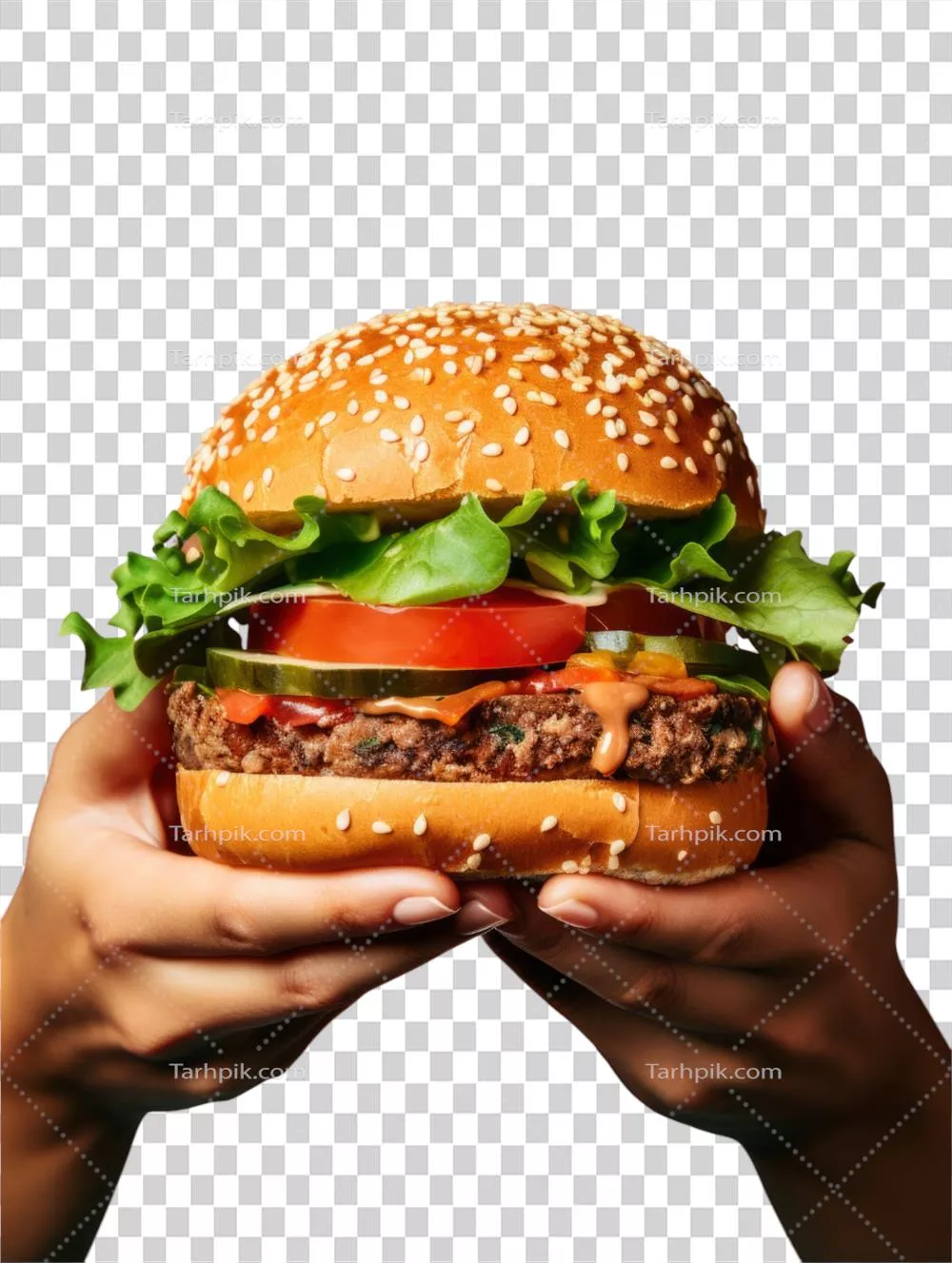 عکس دوربری نمایش همبرگر خوشمزه با نان و پنیر و مواد جانبی متنوع