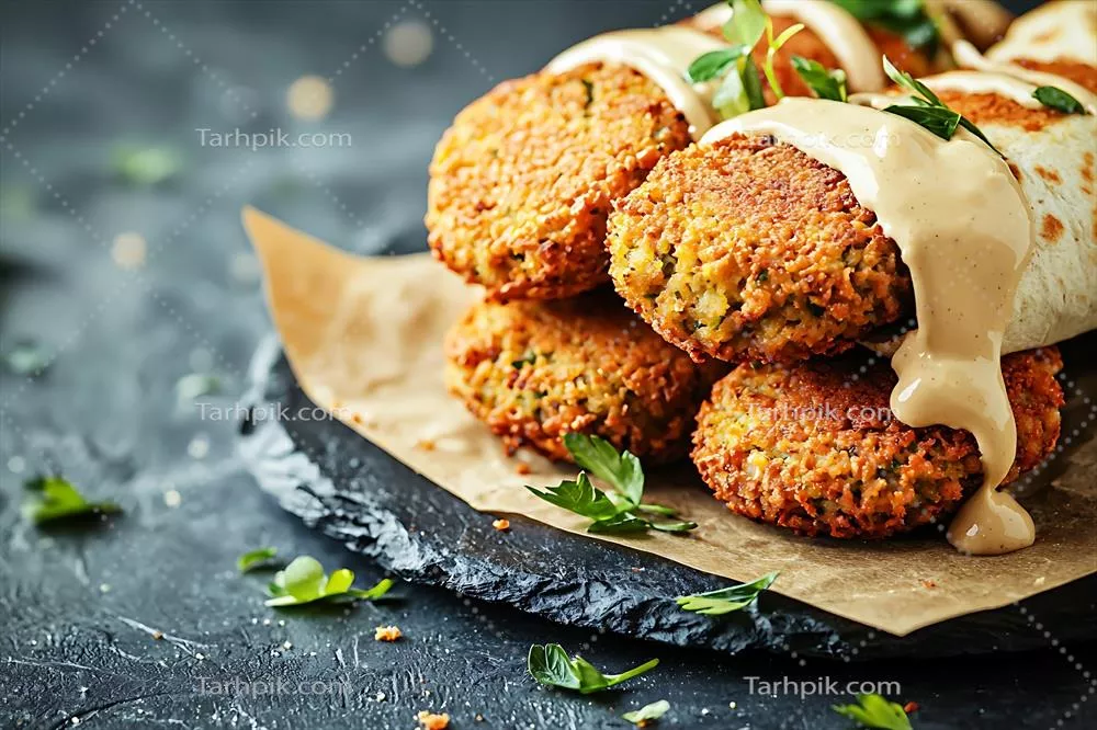 عکس فلافل لذیذ با سس خامه‌ای تاهینی برای میان‌وعده‌های خوشمزه