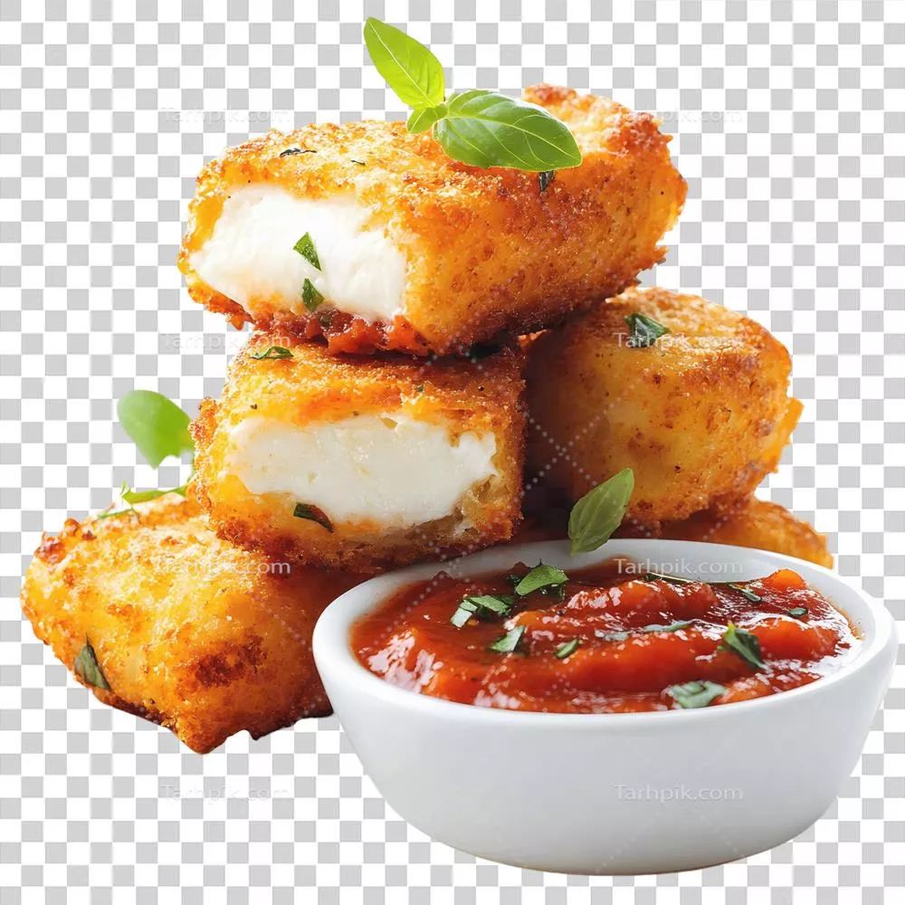 عکس دوربری چوبکهای پنیر موزارلا خوش طعم با سس مارینارا برای دلبری از ذائقه شما