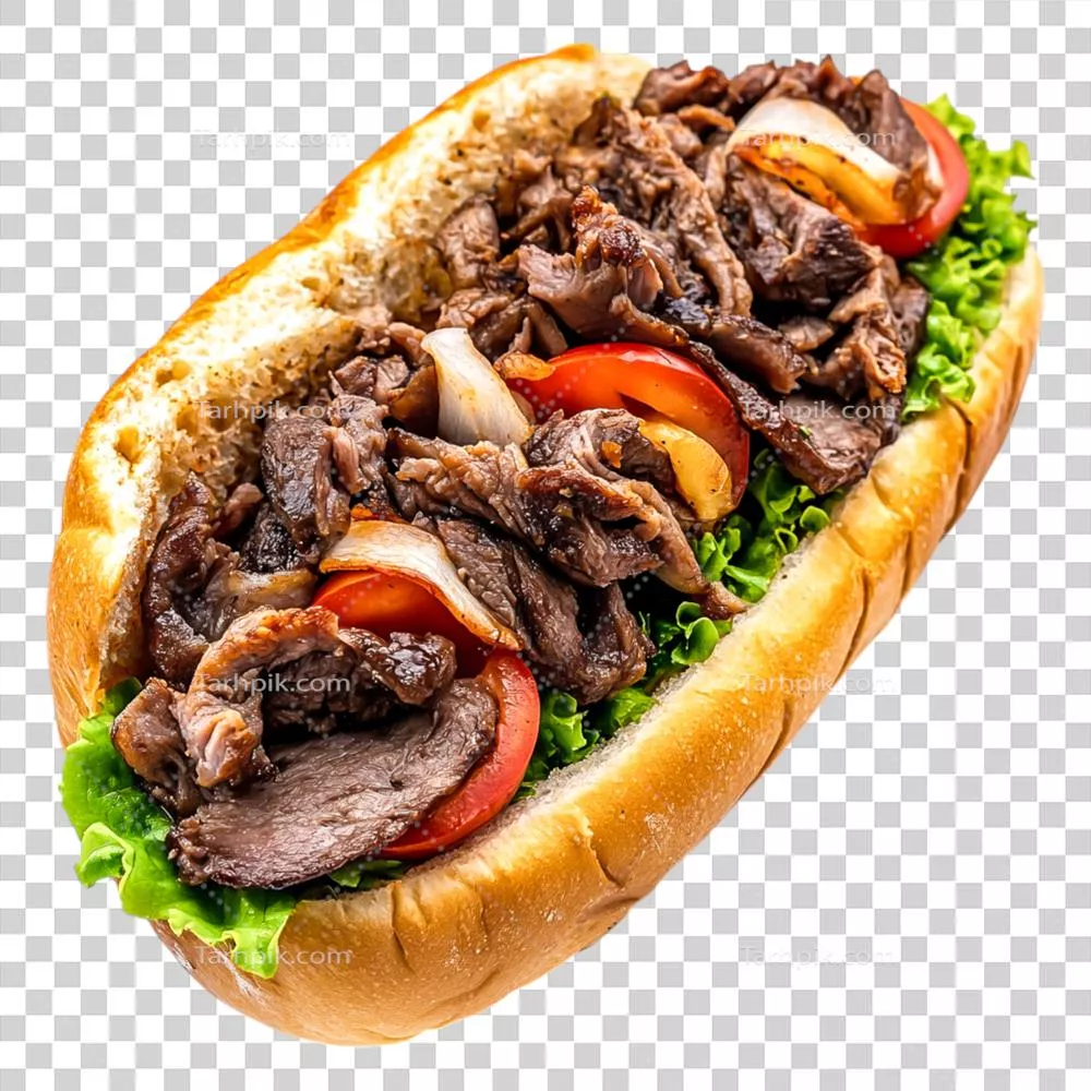 عکس دوربری ساندویچ گوشت گاو خوشمزه پر از سبزیجات تازه و طعم‌های لذیذ