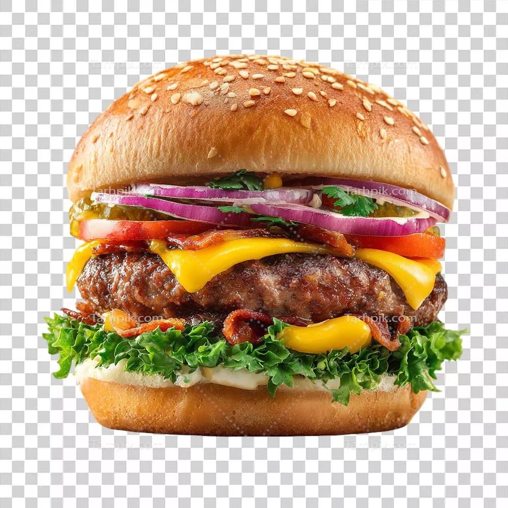 عکس دوربری برگر خوشمزه با مواد تازه انباشته‌شده در ارتفاع بالا