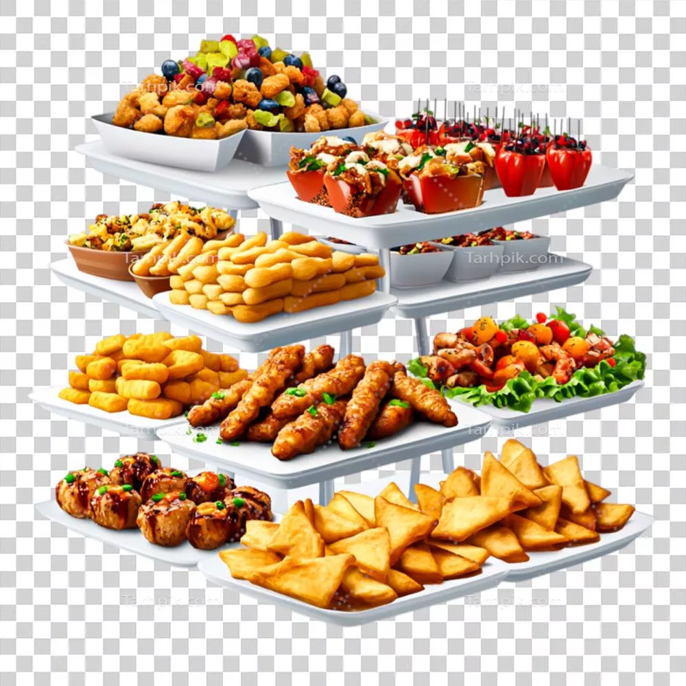 عکس دوربری نمایش فوق العاده از تنوع پیش غذاهای انگشتی روی سفیدی زیبا