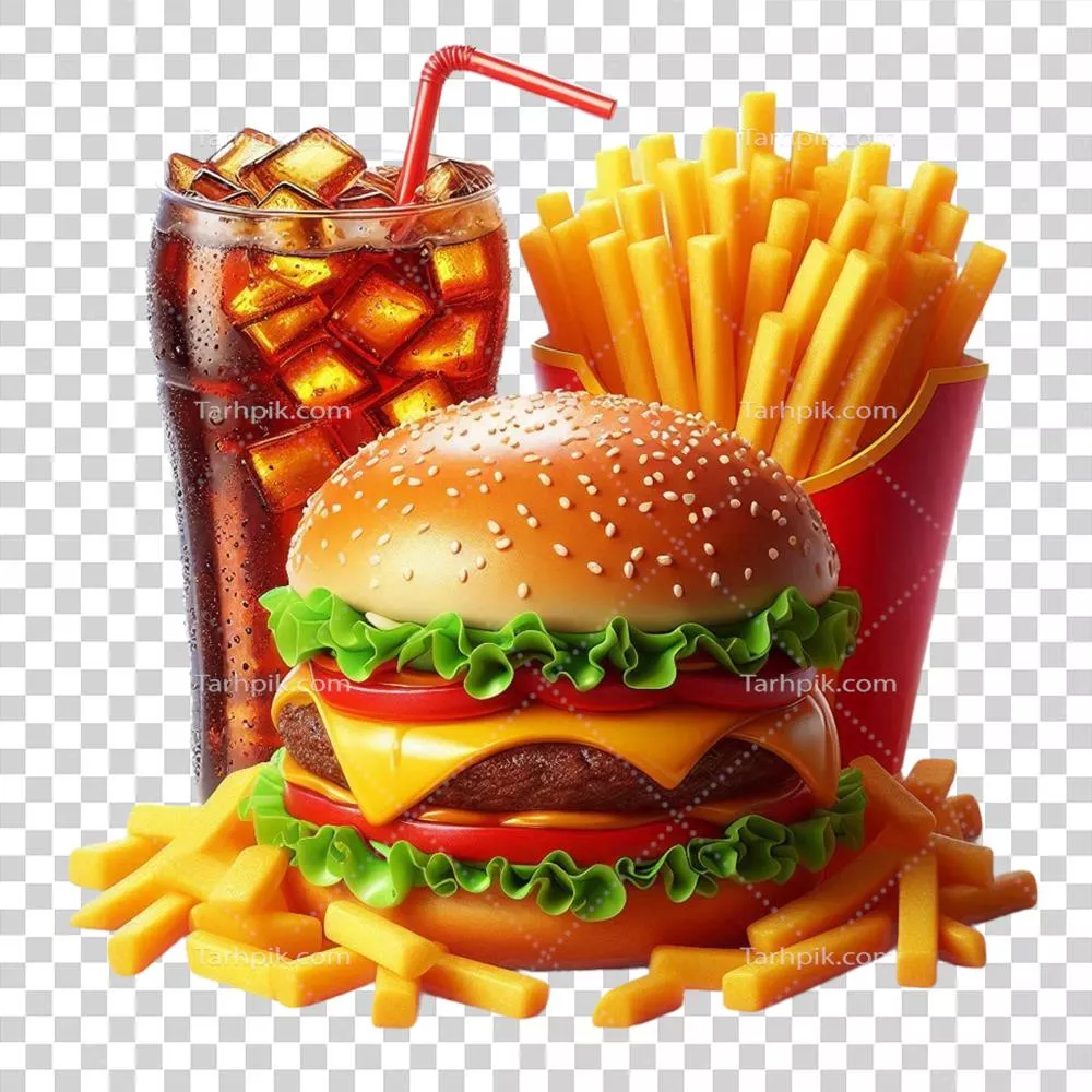عکس دوربری برگر سریع و سیب‌زمینی سرخ‌کرده: تجربه‌ای لذیذ و سریع از فست فود