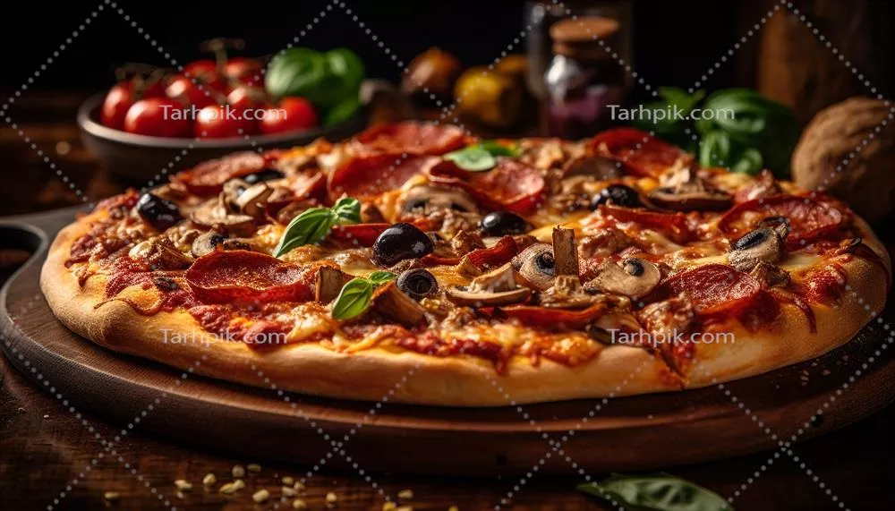 عکس پیتزای تازه‌پخته شده در فضایی روستایی بر روی میز چوبی با الهام از هوش مصنوعی