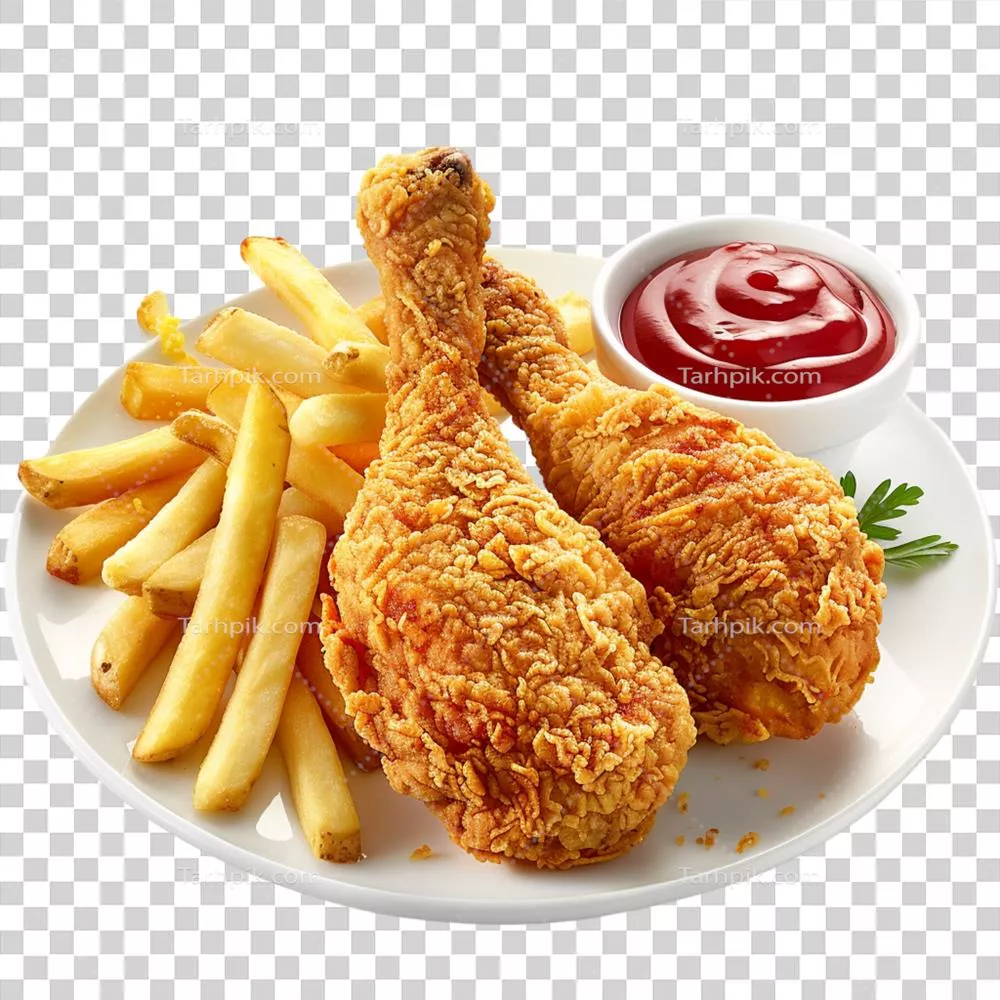 عکس دوربری جوجه کباب سرخ شده و سیب زمینی سرخ کرده با سس کچاپ لذیذ