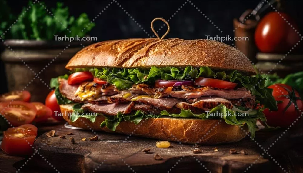 عکس ساندویچ کبابی گوشت گوساله با نان چاباتا و سبزیجات تازه تهیه شده توسط هوش مصنوعی