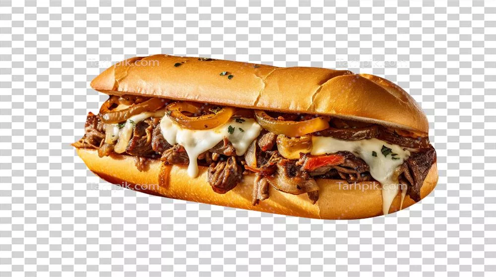 عکس دوربری ساندویچ فیلی چیزاستیک با پسزمینه شفاف و طراحی جذاب