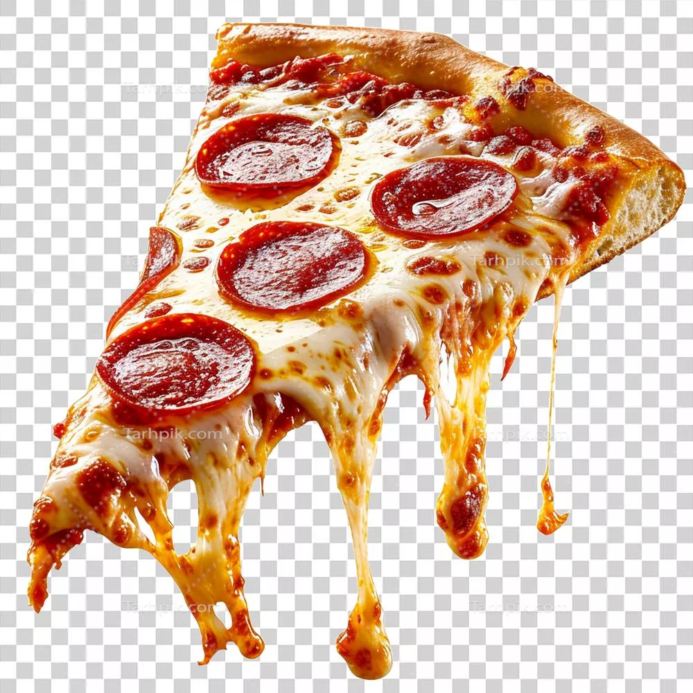 عکس دوربری تکه ای از پیتزا که با پنیر ذوب شده روی آن تزئین شده است