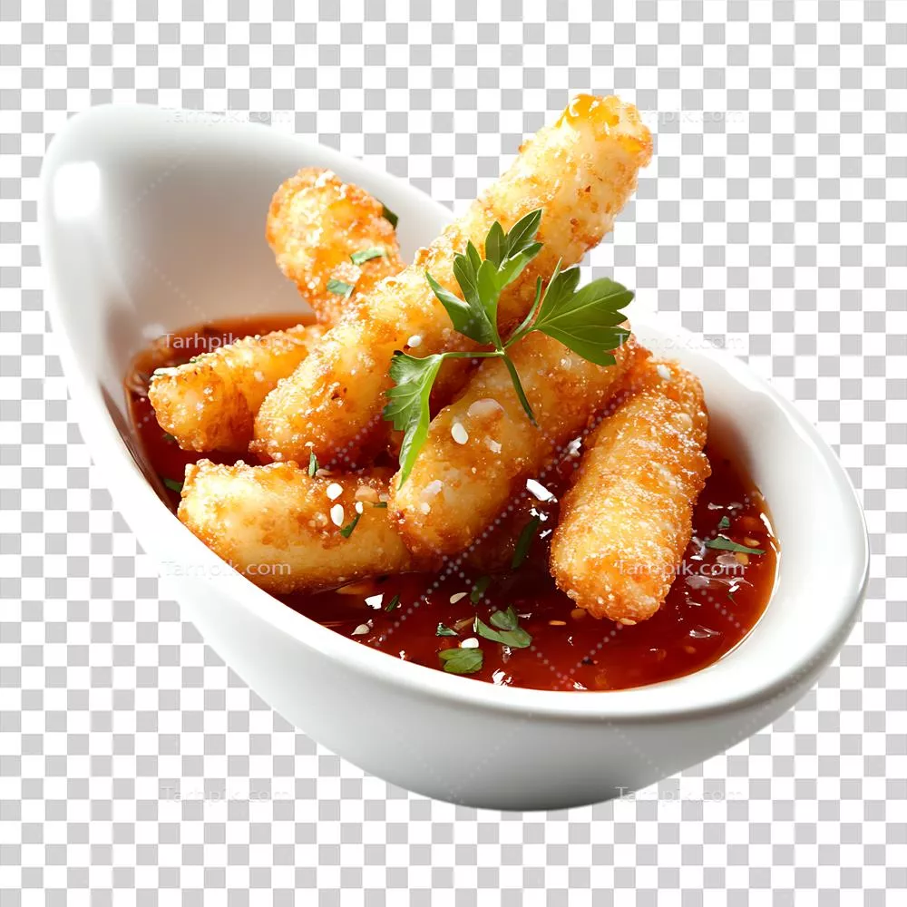 عکس دوربری چوب‌های موزاریلا ترد در سس تند با طعمی دلپذیر