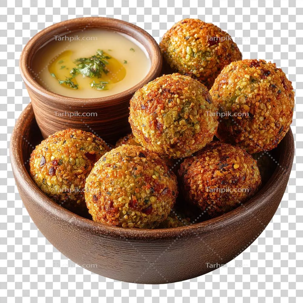 عکس دوربری توپک‌های خوشمزه فلافل با سس در کاسه چوبی برای لذت بردن
