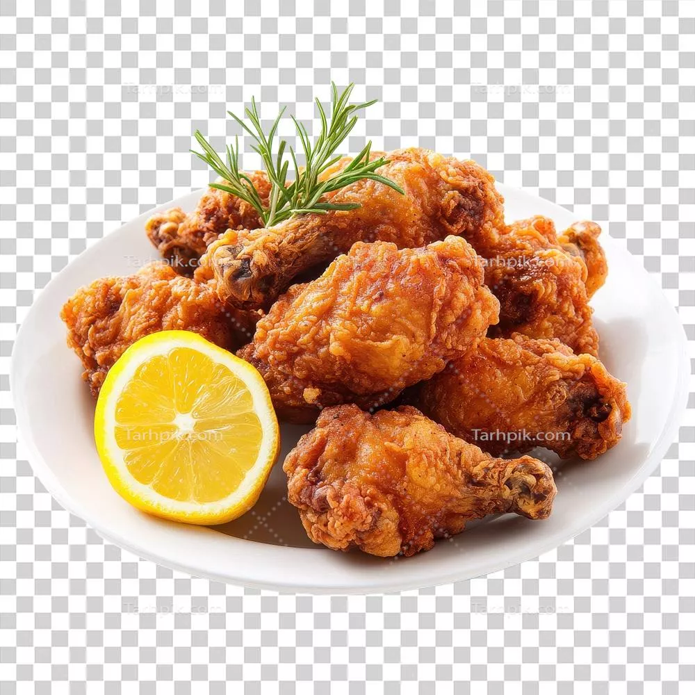 عکس دوربری پلاتر مرغ سرخ کرده با تزیین رزماری و لیمو - غذای خوشمزه و لذیذ