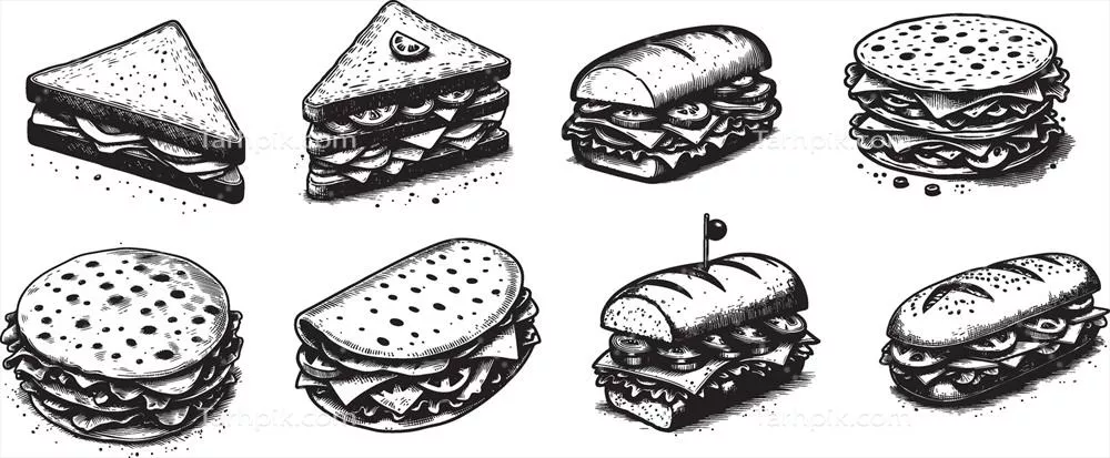 وکتور تصویر دست‌کشیده سیاه و سفید از ساندویچ با جزئیات زیبا