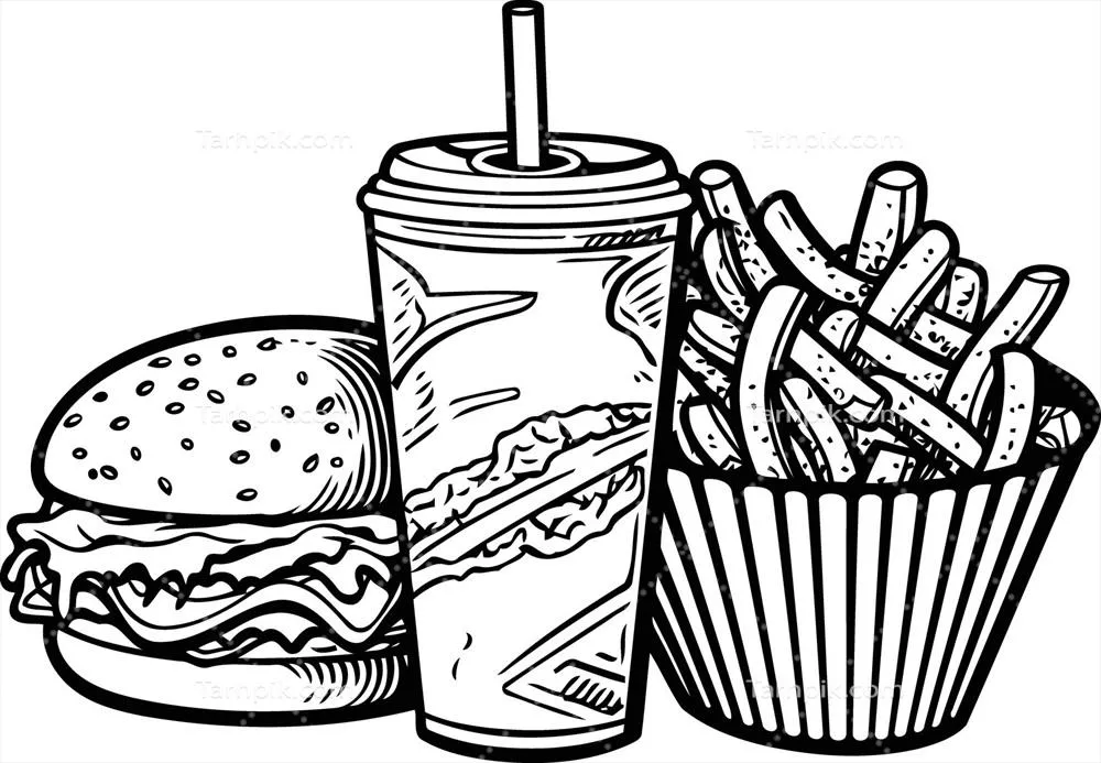 وکتور تصویر کلاسیک سیاه و سفید از یک همبرگر در هنر کارتونی