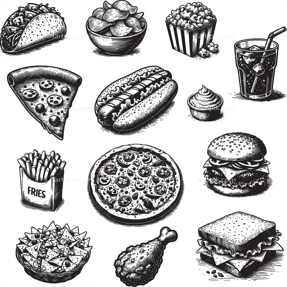 وکتور مجموعه نقاشیهای با دست از فست فود با طرحهای منحصر به فرد