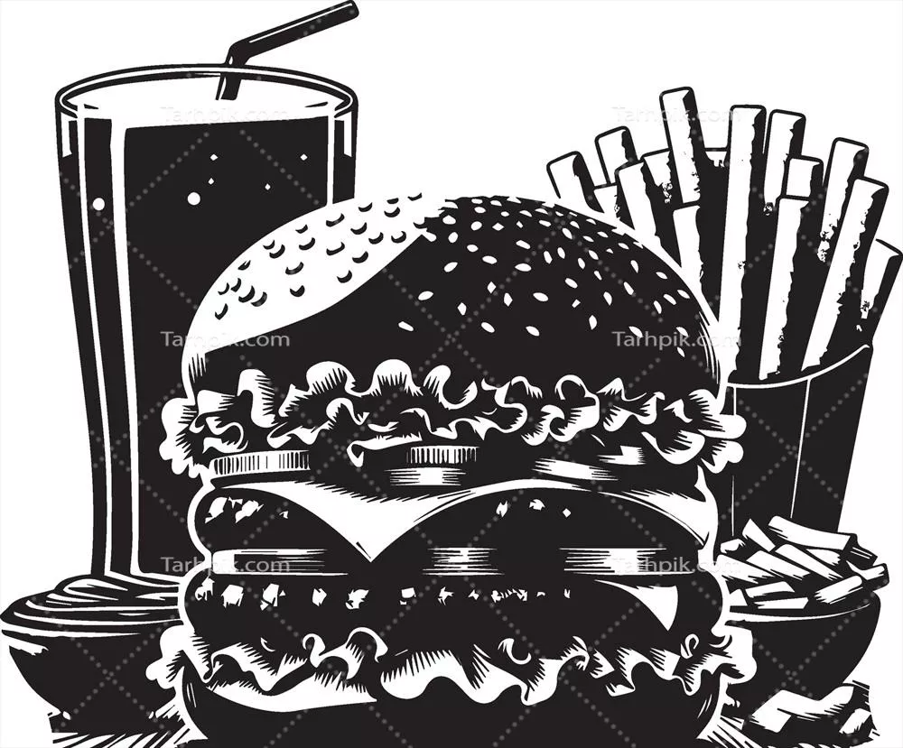 وکتور تصویر سیاه و سفید برگر در پس زمینه سفید به عنوان لوگوی برگر