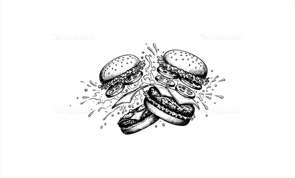 وکتور طرح نوار در حال پاشیدن همبرگرها و ساندویچ با گوجهفرنگی