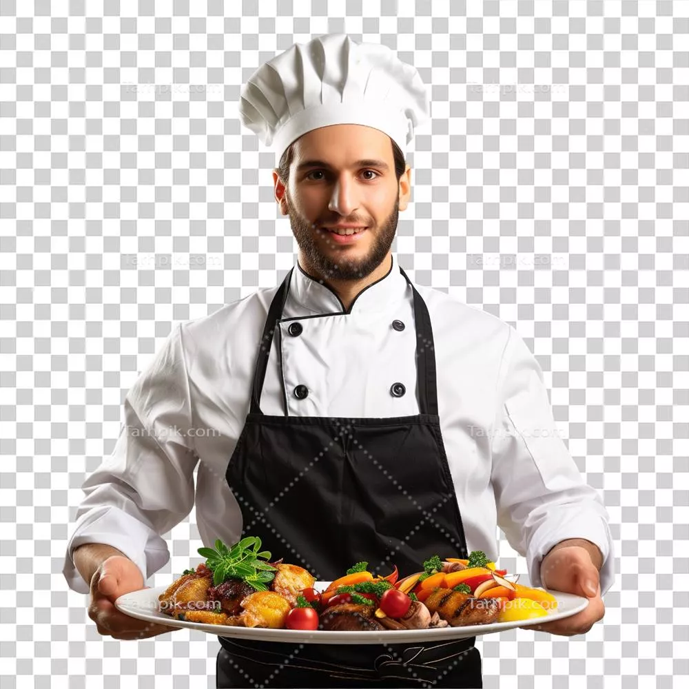 عکس دوربری سرآشپز در یونیفورم با سینی غذا در پس زمینه شفاف