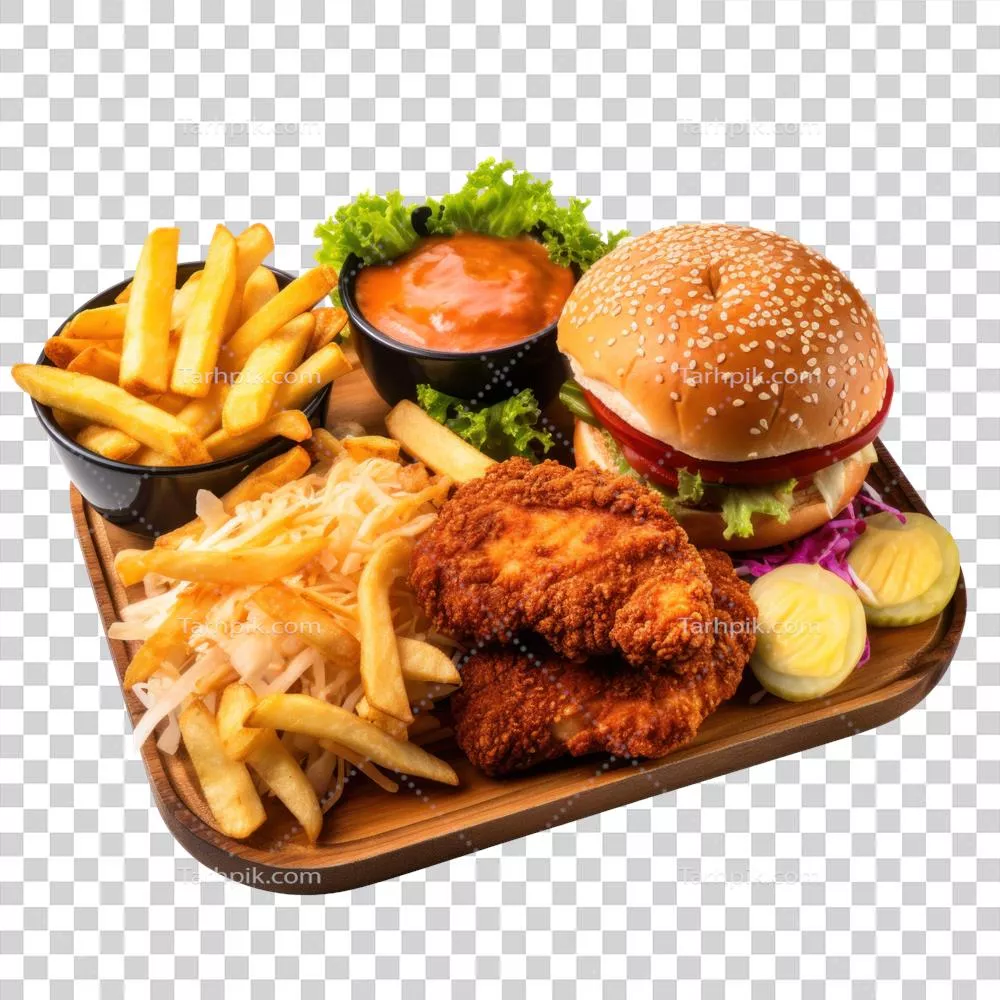 عکس دوربری نظم و زیبایی سینی غذای خیابانی با همبرگرها و سیب‌زمینی سرخ‌کرده