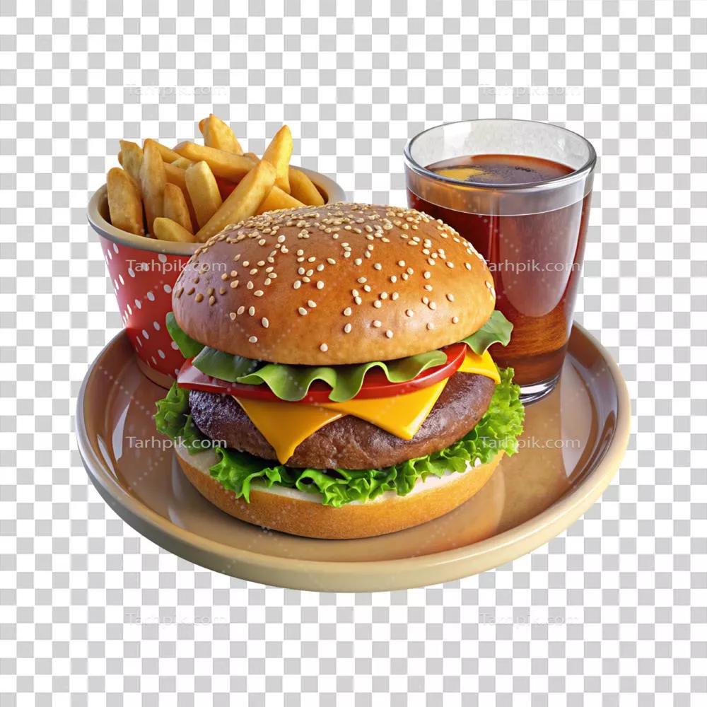 عکس دوربری بهمن برگر و سیب‌زمینی سرخ‌شده روی ظرف با یک لیوان نوشابه