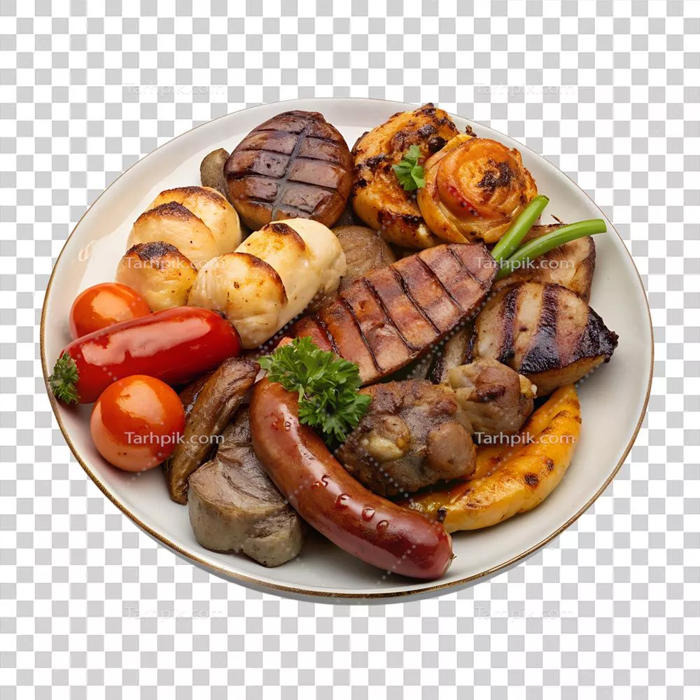 عکس دوربری غذاهای کبابی مختلط با استفاده از هوش مصنوعی بر روی یک بشقاب در پسزمینه شفاف