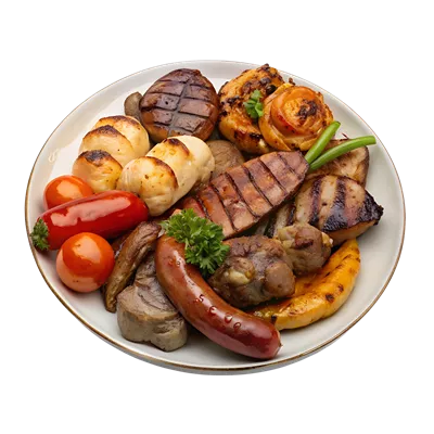 عکس دوربری غذاهای کبابی مختلط با استفاده از هوش مصنوعی بر روی یک بشقاب در پسزمینه شفاف