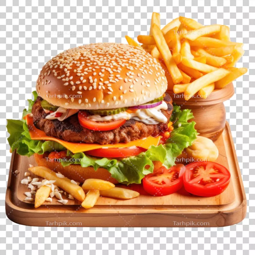 عکس دوربری ترکیب همبرگر و سیب‌زمینی سرخ کرده خوشمزه با استفاده از هوش مصنوعی