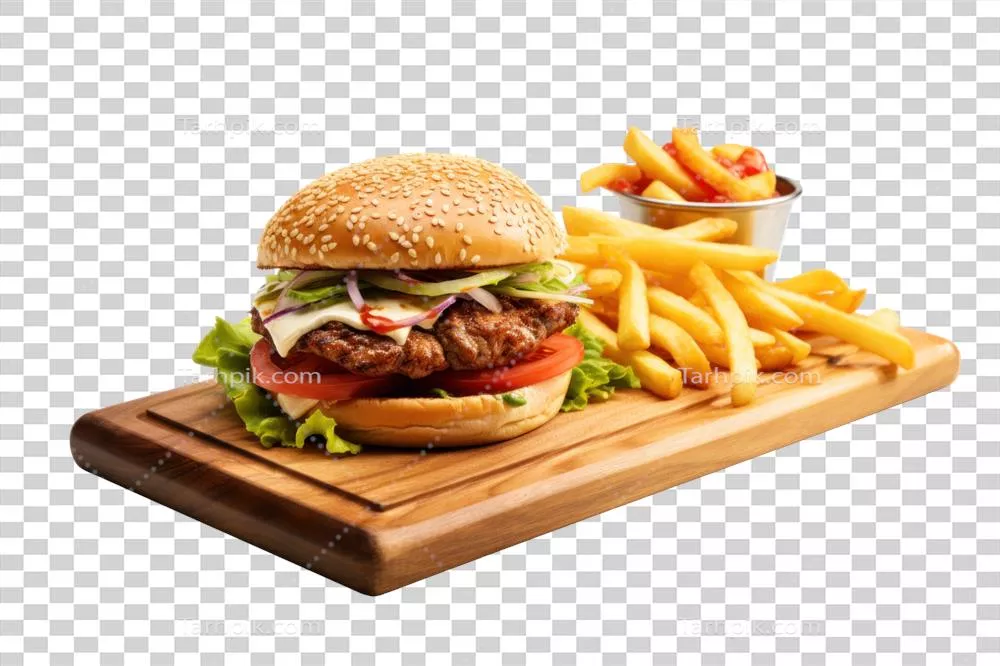 عکس دوربری برگر آبدار تولید شده با هوش مصنوعی همراه با سیب‌زمینی سرخ‌کرده بر روی پس‌زمینه شفاف