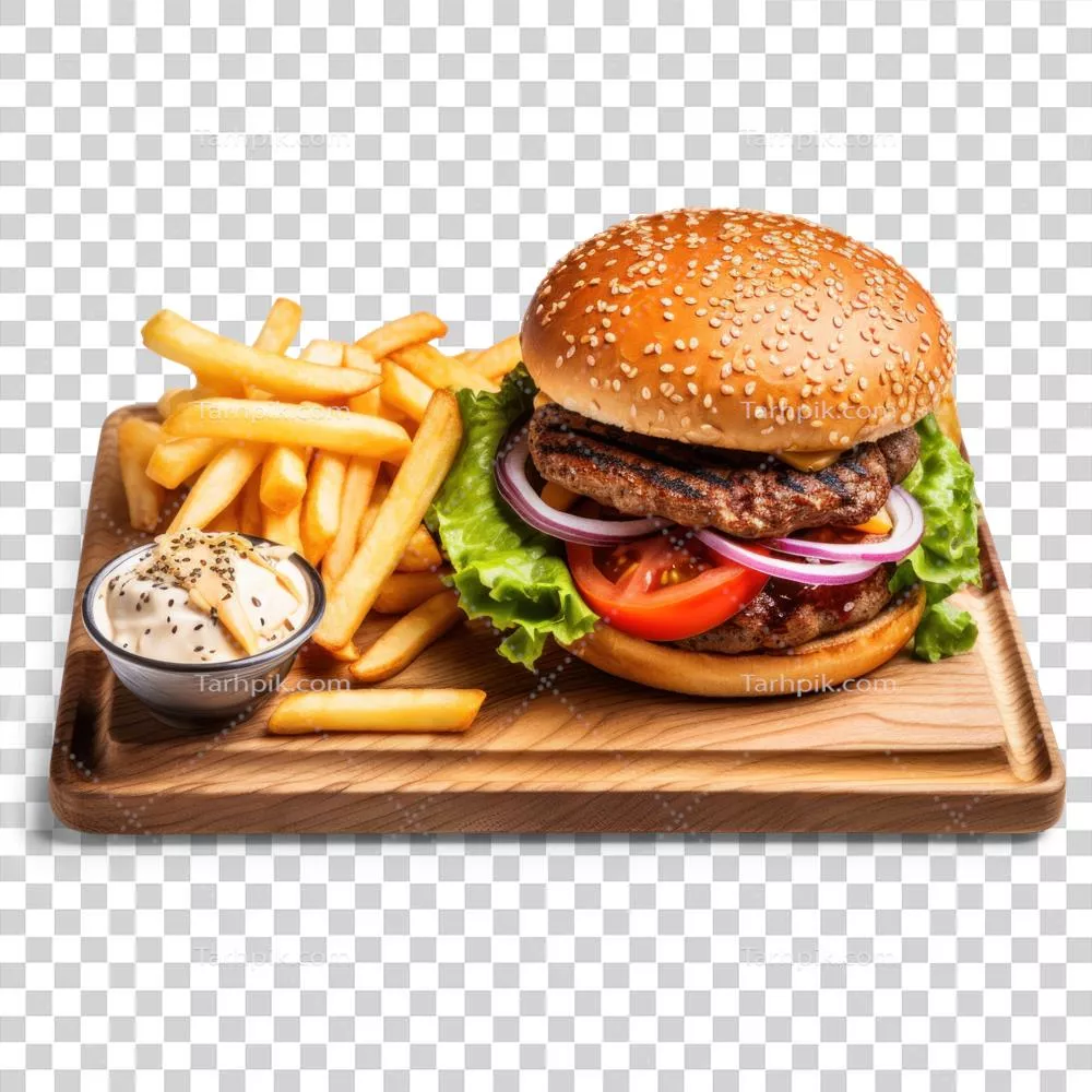 عکس دوربری برگر و سیبزمینی سرخکرده خوشمزه تولید شده با هوش مصنوعی بر روی پسزمینه شفاف